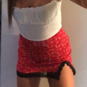 red floral skirt